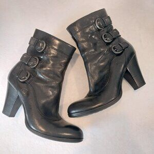Born Ankle Boots Womens 8 Black Leather Moto Zip High Block Heel Round Toe